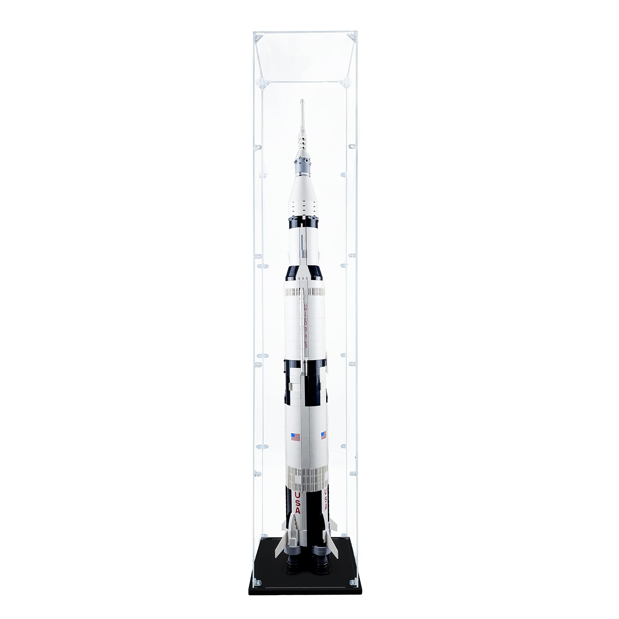 Songlection Apollo Saturn V display case front view offers a clear, dust-free showcase