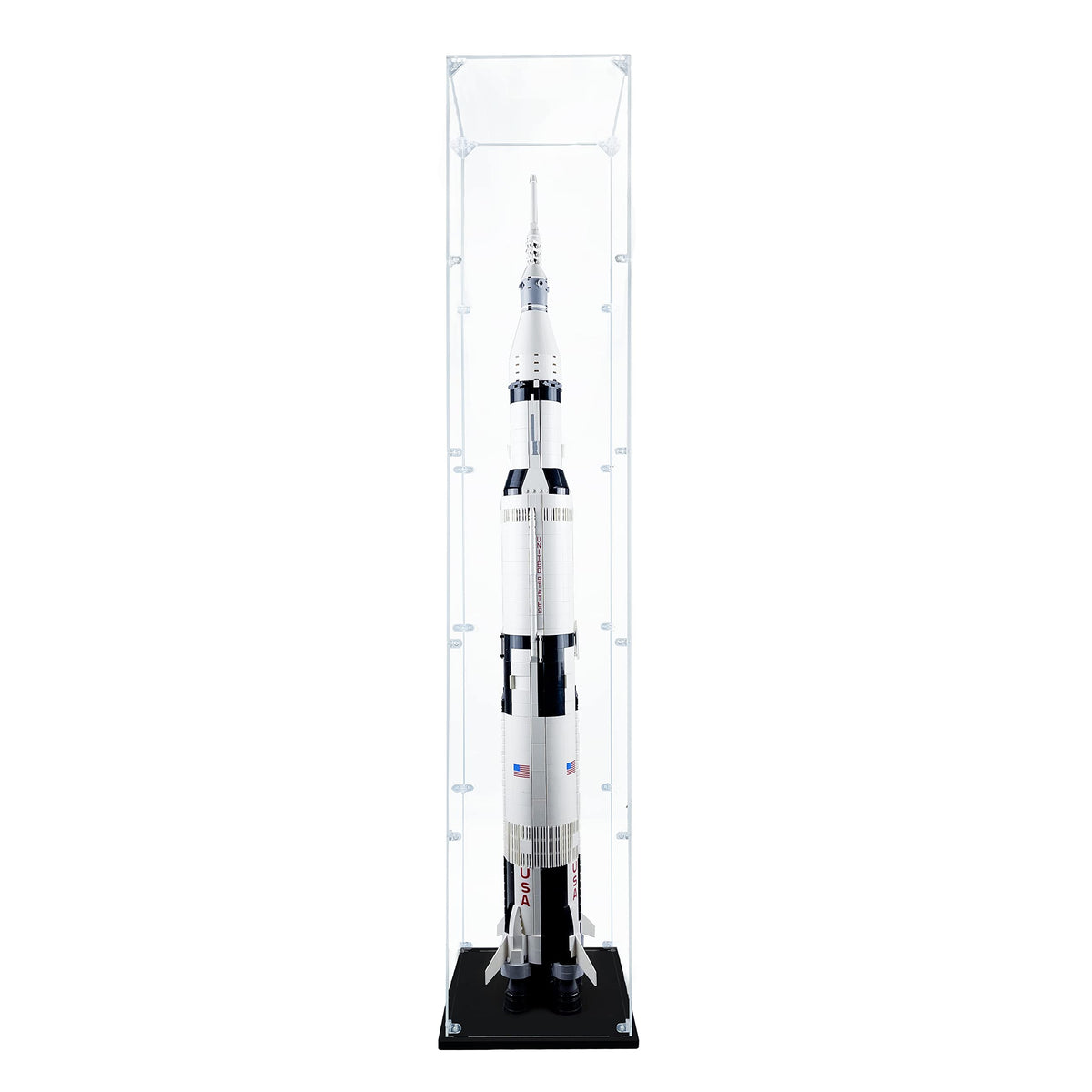 Songlection Apollo Saturn V display case front view offers a clear, dust-free showcase