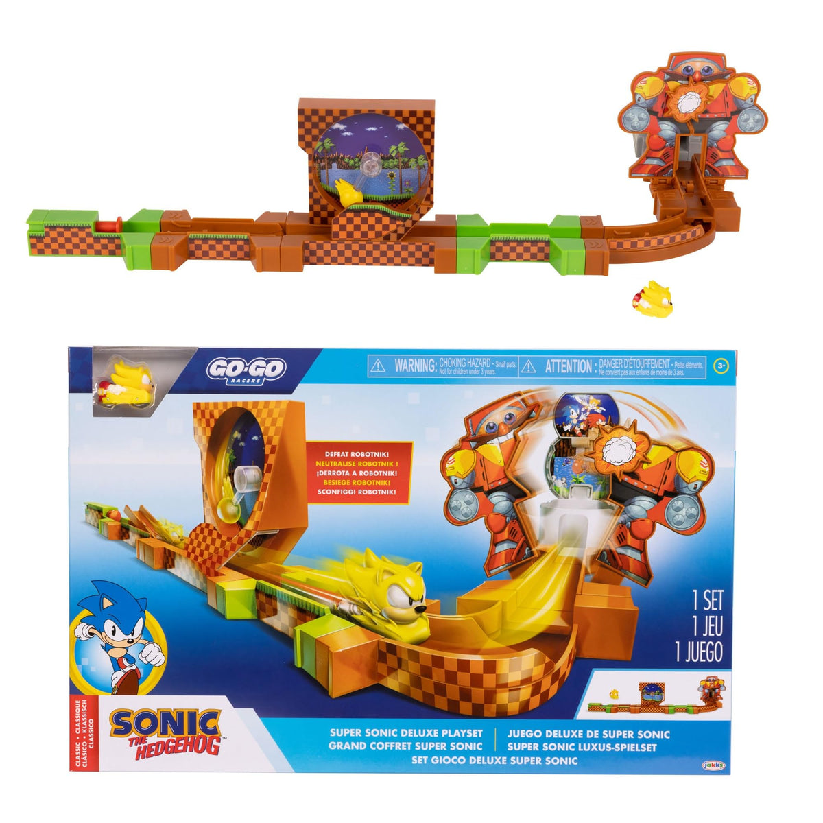 Sonic The Hedgehog Go Go Racers Deluxe Playset diecast figure close-up offers durable playtime.