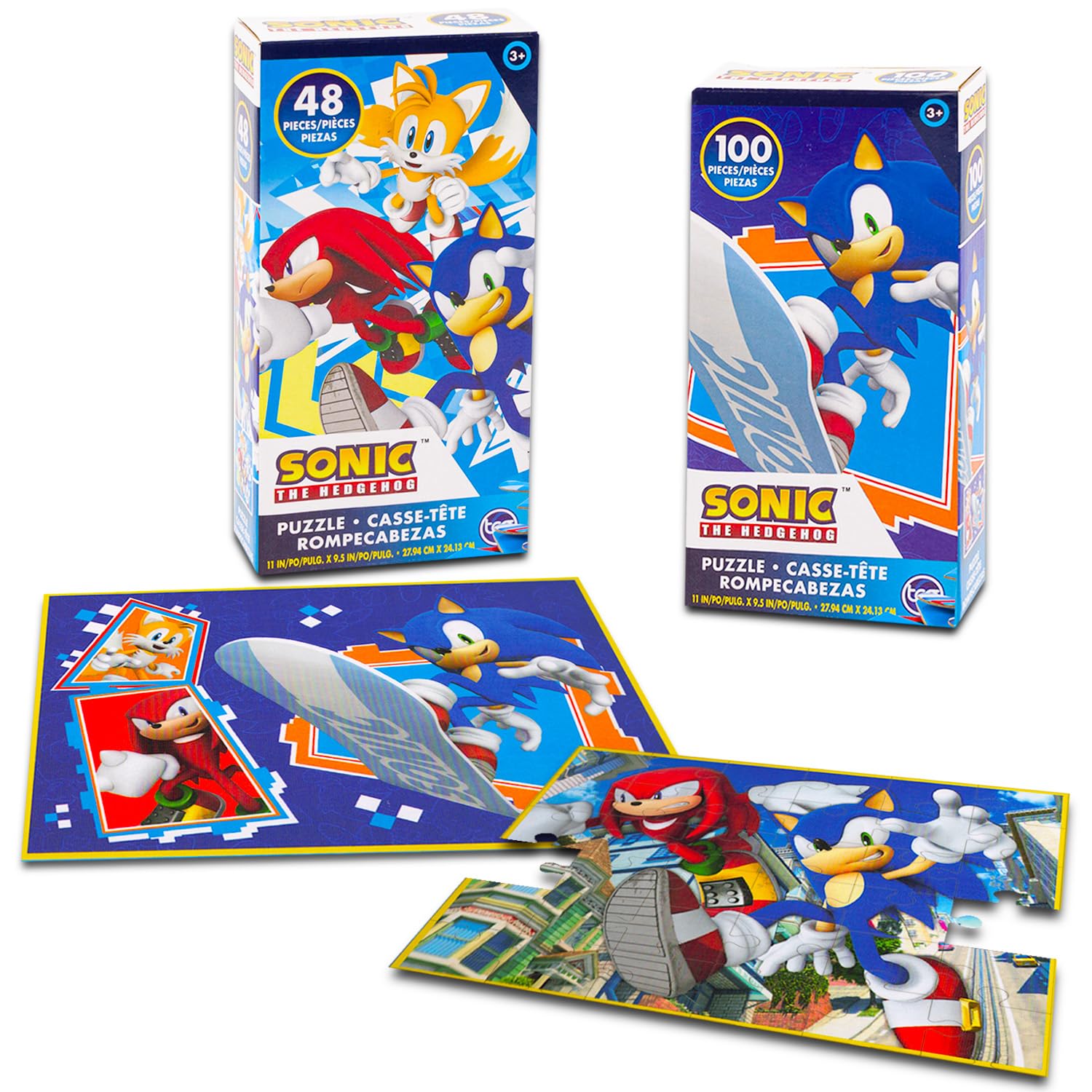 Colorful Sonic, Tails, and Knuckles artwork on 48- and 100-piece puzzles.