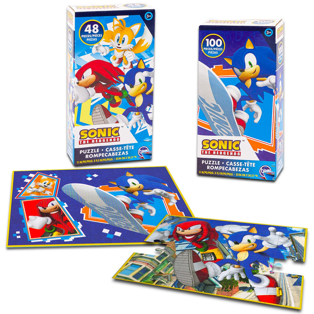 Colorful Sonic, Tails, and Knuckles artwork on 48- and 100-piece puzzles.