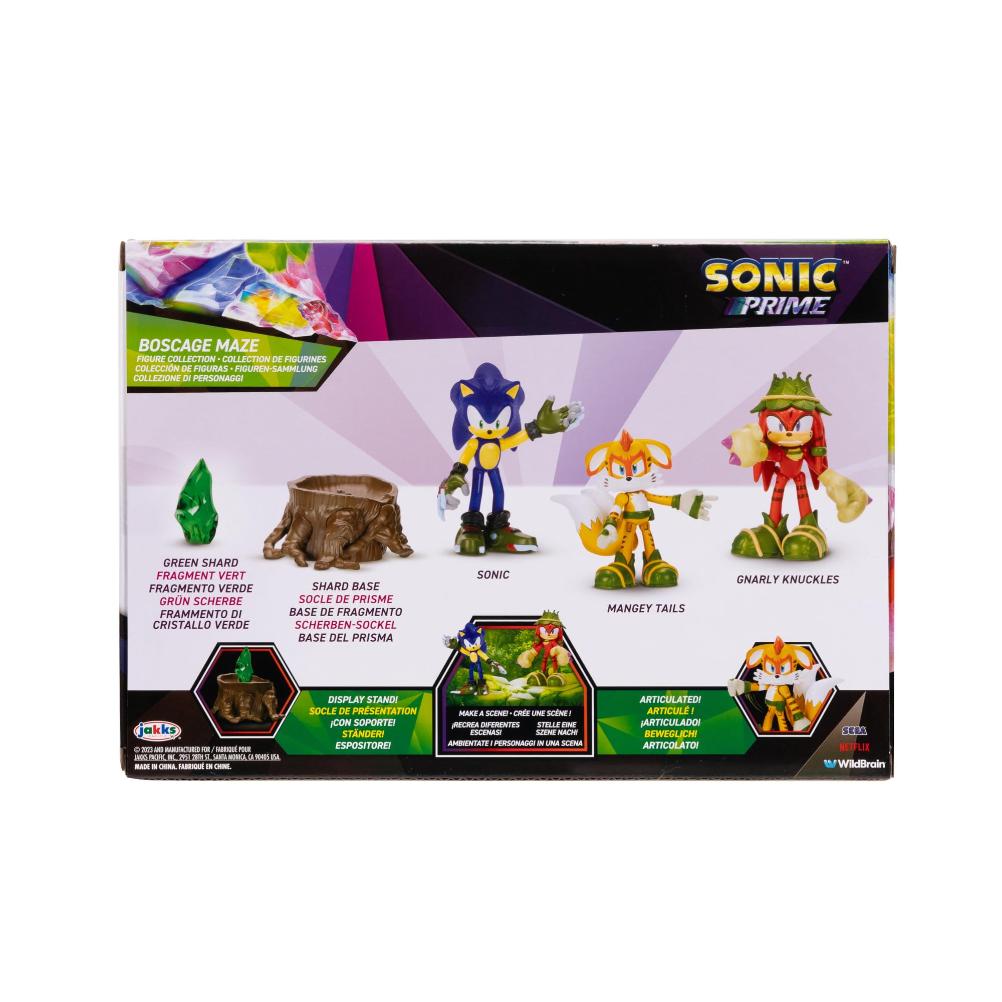 Tree stump display base enhances Sonic Prime dioramas.