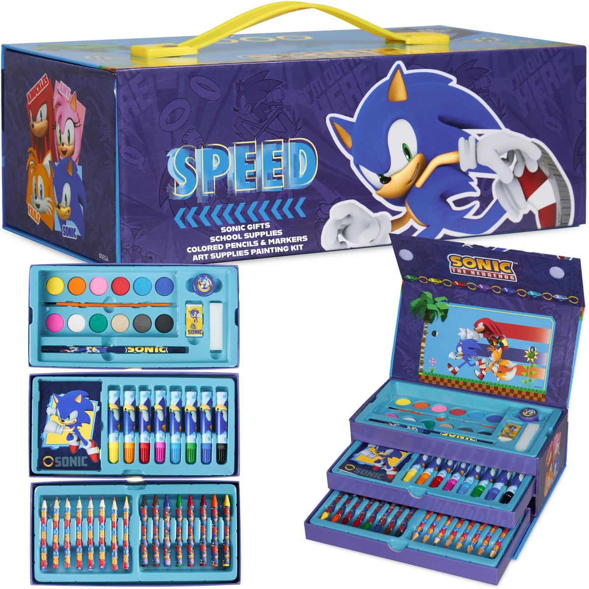 Sonic The Hedgehog art set with colorful pencils for school projects.