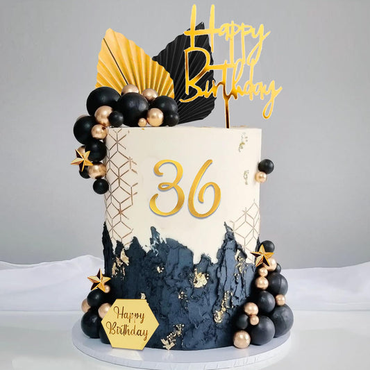 SONICEBUY 44pcs ball cake toppers set in black and gold for elegant celebrations.