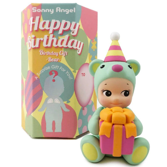 Sonny Angel Birthday Bear figure with a heart balloon for birthday wishes