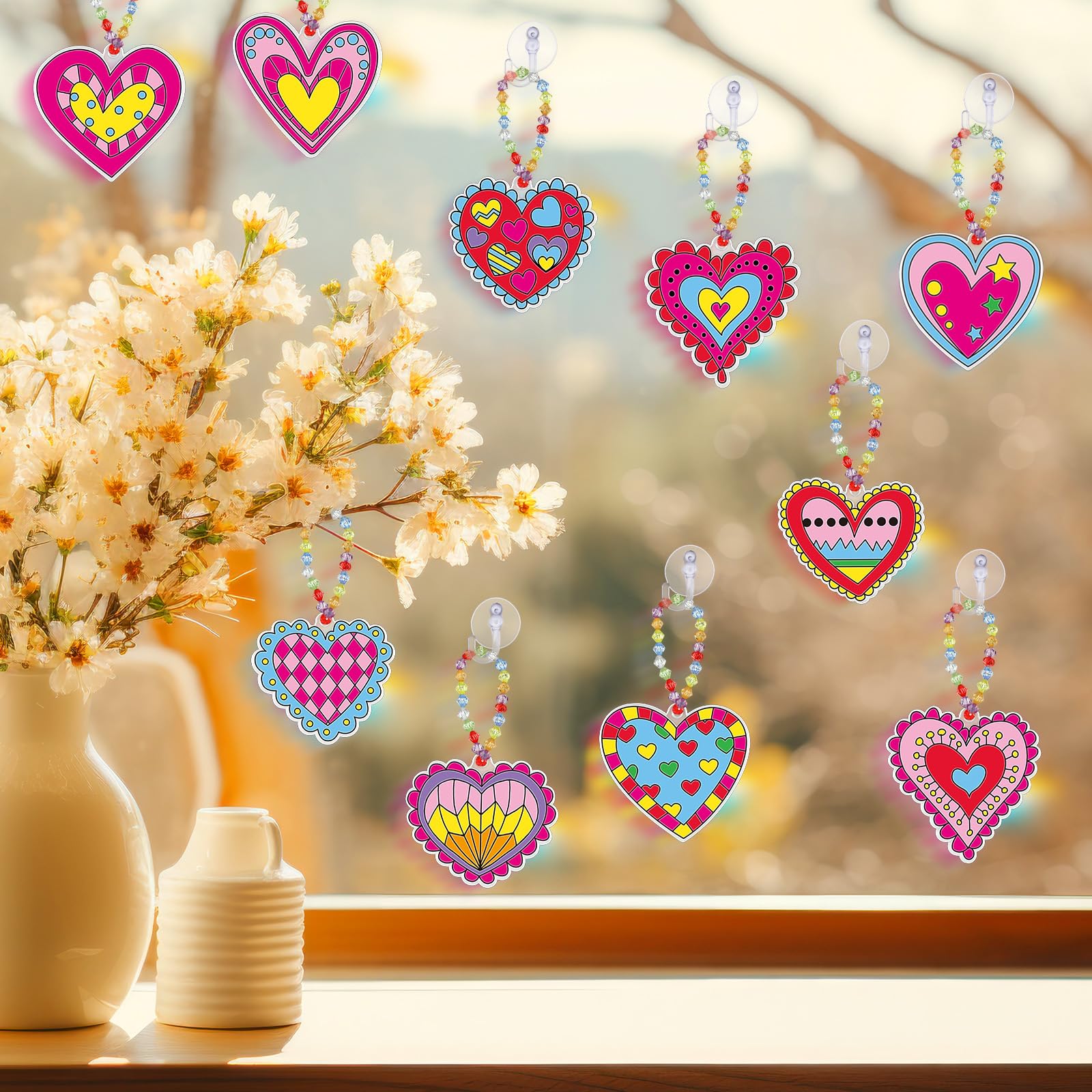 Sonwyoung suction cup hooks keep finished crafts secure on windows.