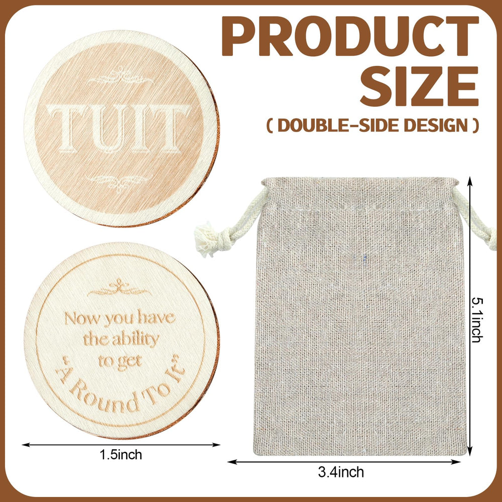 Sonwyoung wood round tuit with burlap bag for easy storage and gifting.