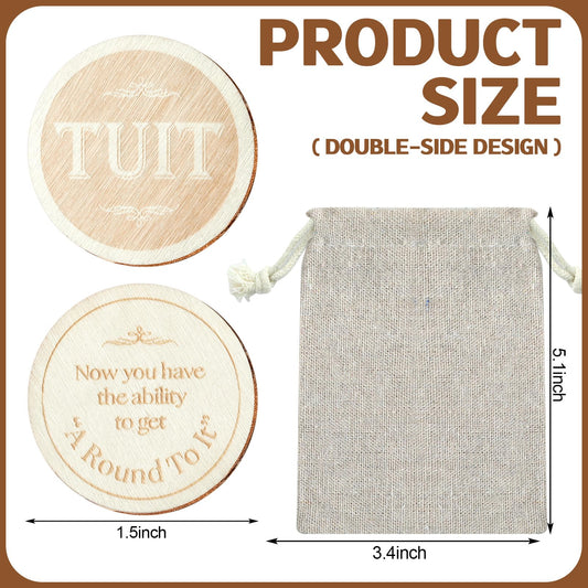 Sonwyoung wood round tuit with burlap bag for easy storage and gifting.