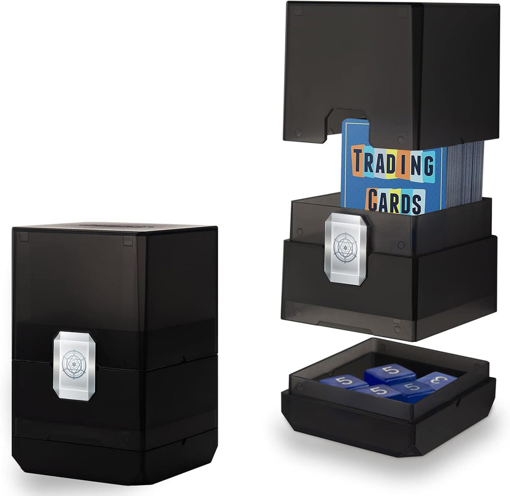 Sooez deck card box with dice storage and extra tray for easy dice access.