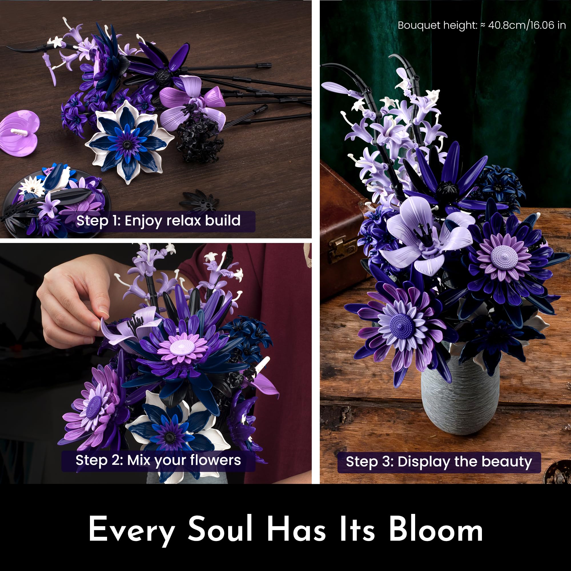 SOOLIO Adjustable stems and removable petals enable customize bouquet shaping.