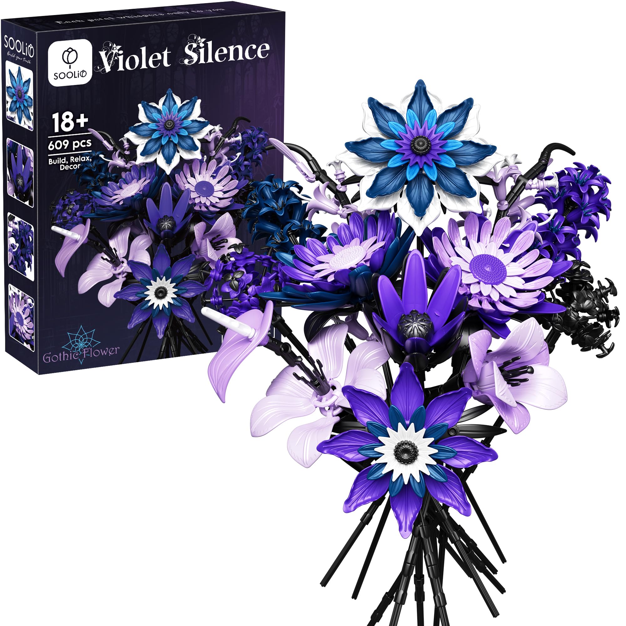 SOOLIO Dahlia Bouquet Building Set packaging highlights premium components for easy assembly.