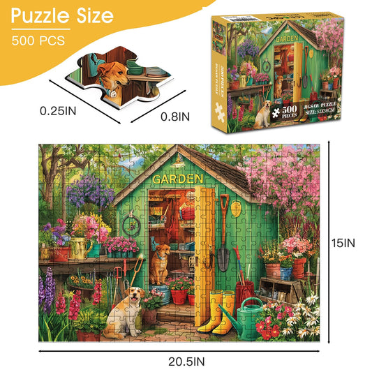Sooluer garden shed scene puzzle showing a yellow garden sign and tools for a vibrant challenge