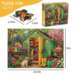 Sooluer garden shed scene puzzle showing a yellow garden sign and tools for a vibrant challenge