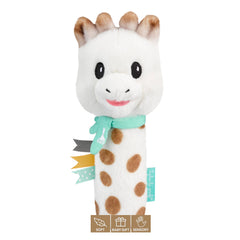 Sophie la girafe Sweetie Pouet Rattle being held by baby, portability and ease