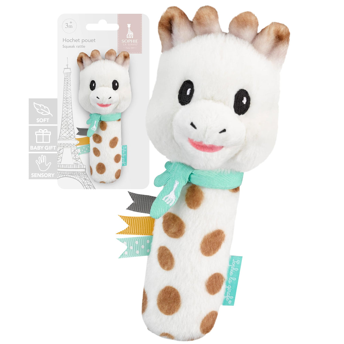 Sophie la girafe Sweetie Pouet Rattle front view, perfect for tiny hands and sensory exploration