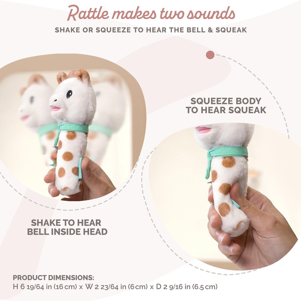 Sophie la girafe Sweetie Pouet Rattle head bells close-up, gentle jingle for early auditory stimulation