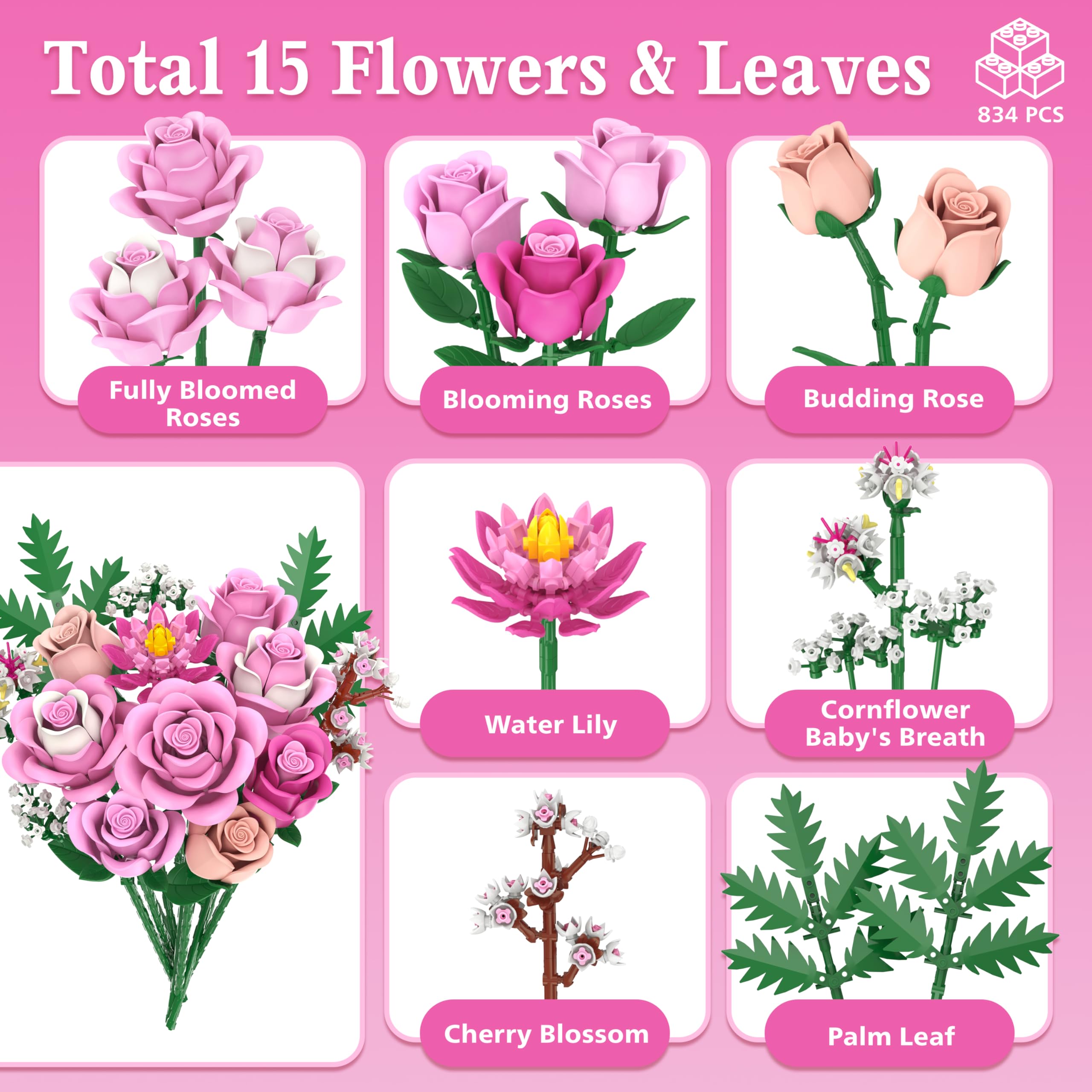 Sopu pink-rose-bouquet-building-set demonstrates adjustable stems for versatile display arrangements