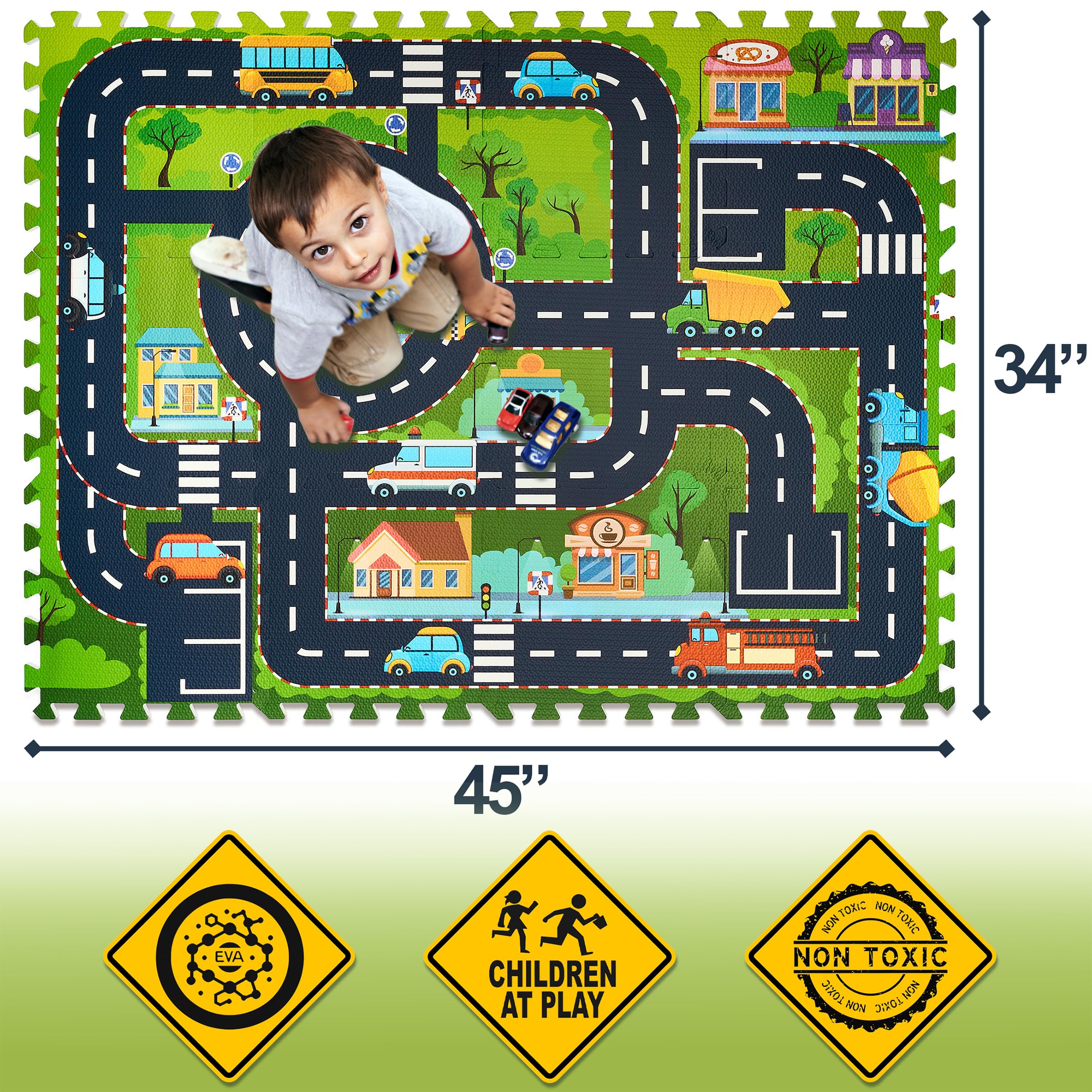 Sorbus interlocking border tiles keep the city road mat flat during active play.
