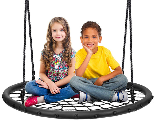 Sorbus Saucer Tree Swing net seat provides safe, active outdoor fun for kids.