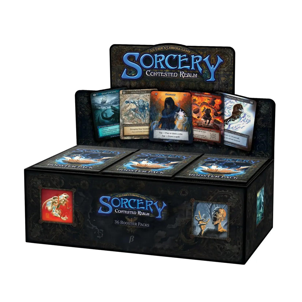 Sorcery Contested Realm Beta booster box front, ideal for display and collection.