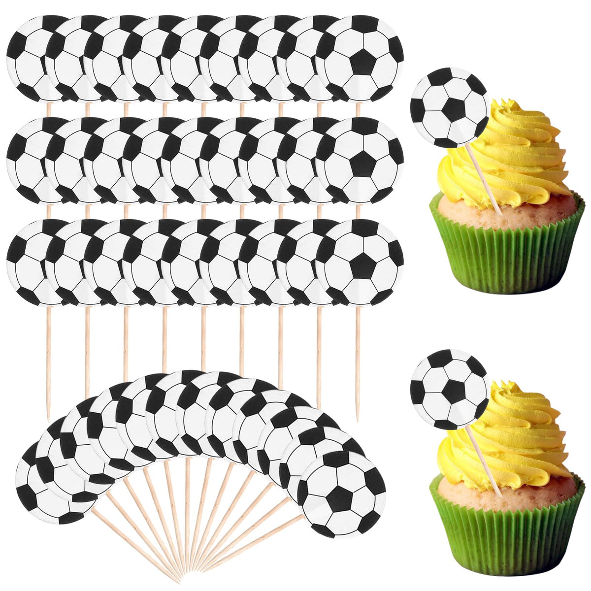 Sorcristy soccer ball cupcake topper adds a sporty vibe to party desserts.
