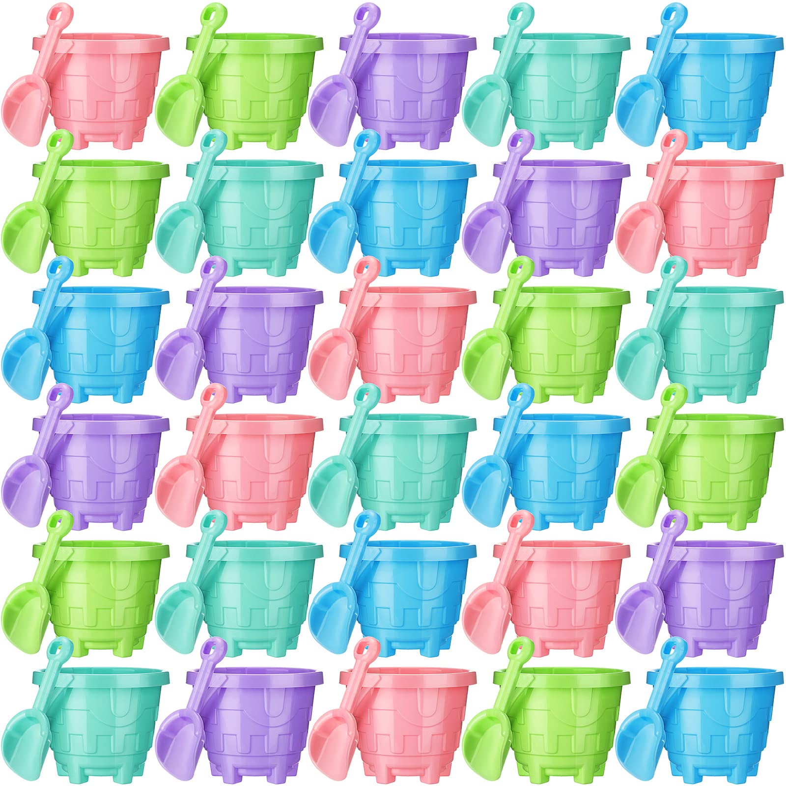 Sosation sand buckets with a 5.5 inch mouth in bright colors for easy beach play.