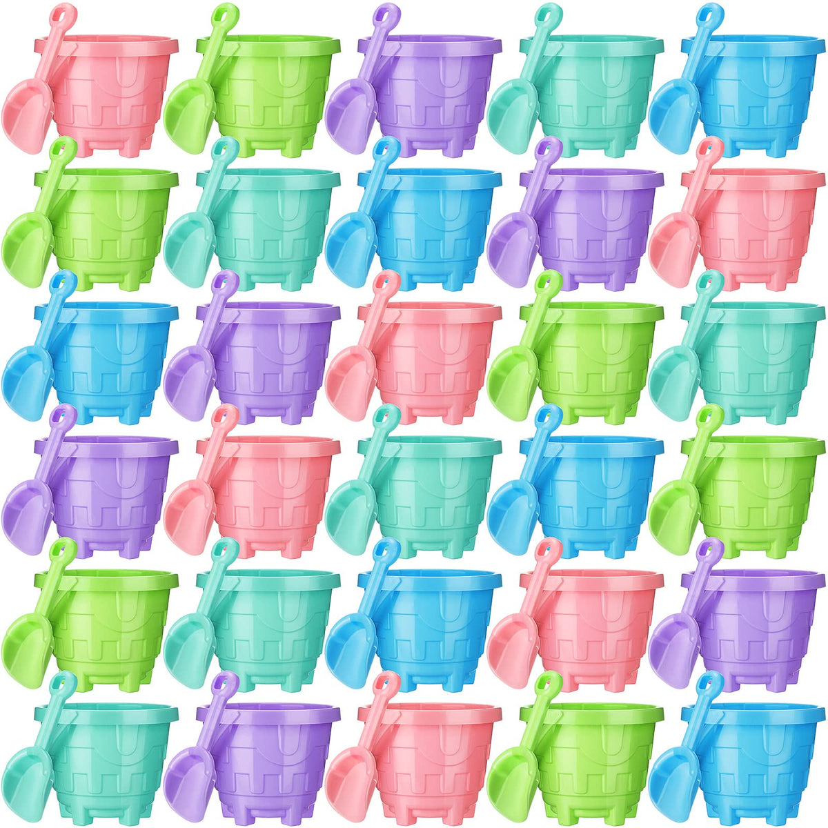 Sosation sand buckets with a 5.5 inch mouth in bright colors for easy beach play.