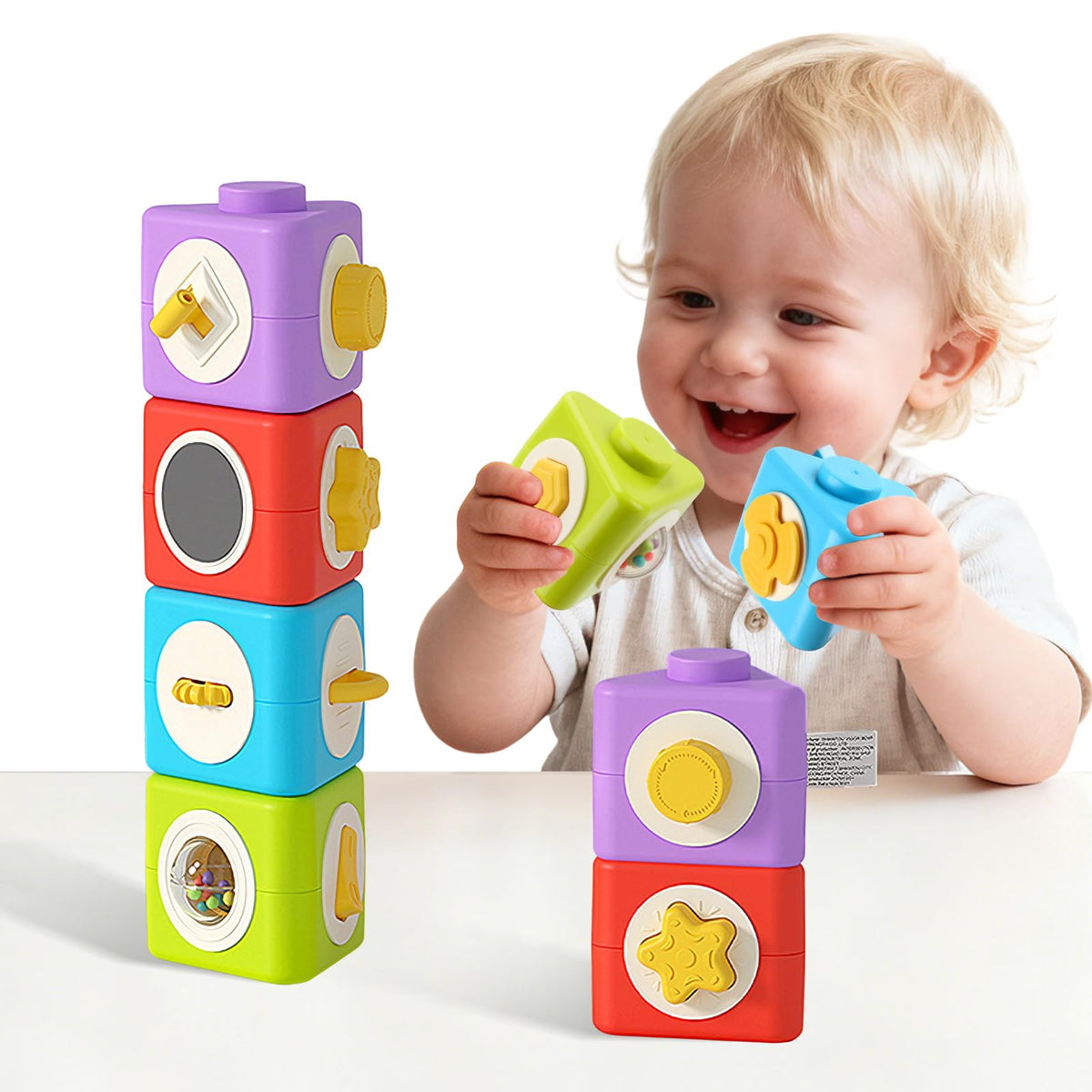 SOSUSHOE Montessori activity cube for stacking and color learning on the go.