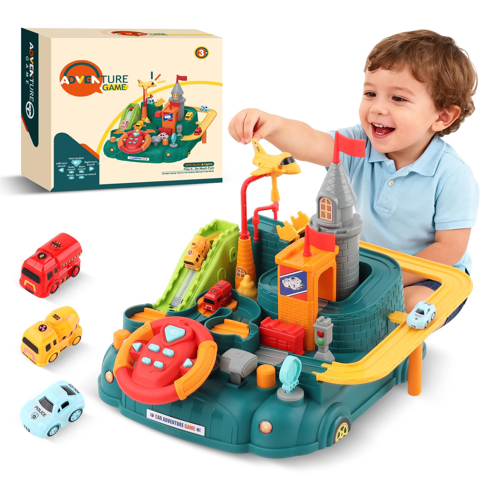 SOSUSHOE race car track with interactive buttons and eight obstacles for active play