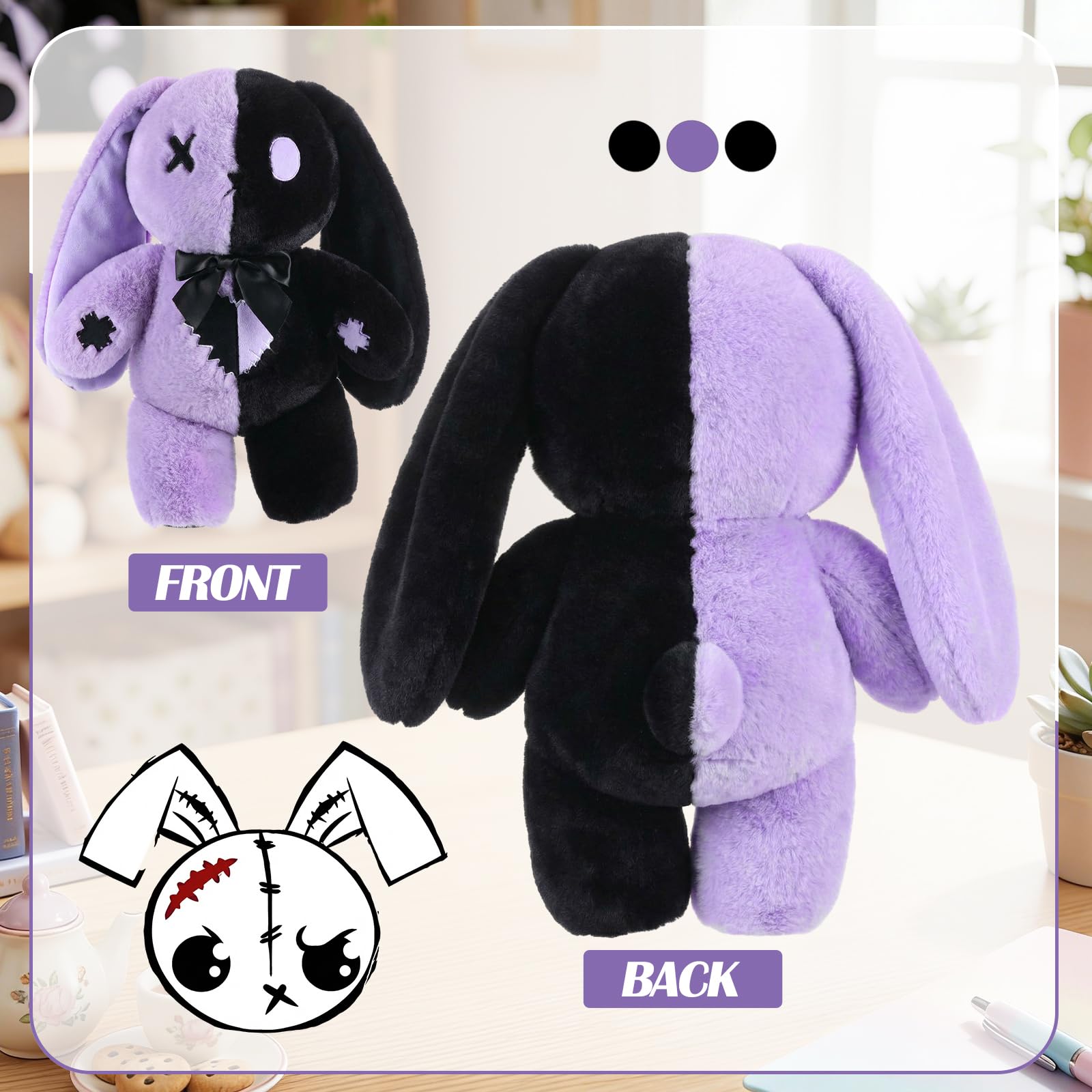 Sotiff gothic bunny plush embroidery detail adds character to any shelf.