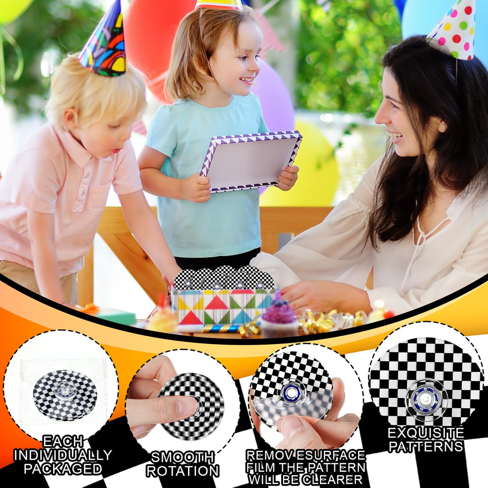Sotiff party favors featuring racing spinners for gifts and activities.
