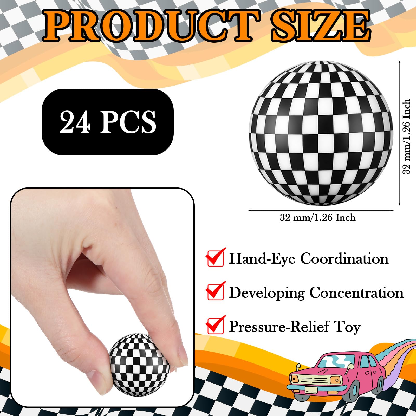 Sotiff checkered race car ball suitable as classroom prize and toy