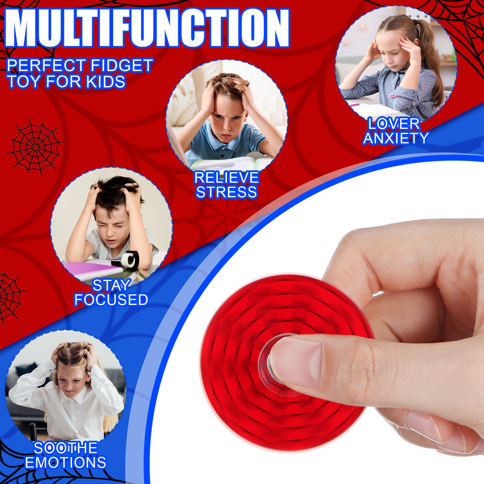 Sotiff Spider Web party favors, colorful sensory spinners for celebrations.