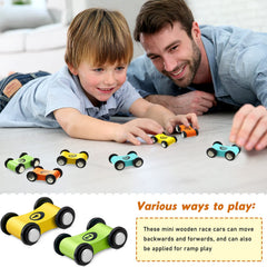 Sotiff wooden mini car blue front view, lightweight and easy for little hands.