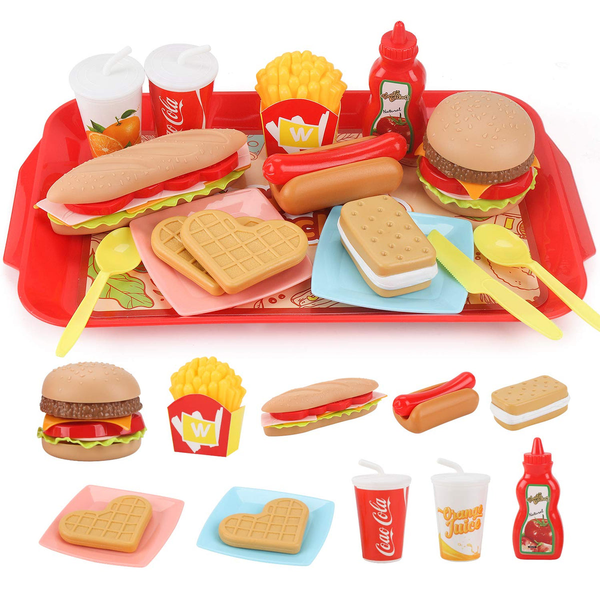 Sotodik pretend play food set with tray for kids' role play meals and organization
