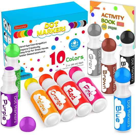 Soucolor washable dot markers set with ten colors for vibrant toddler art sessions