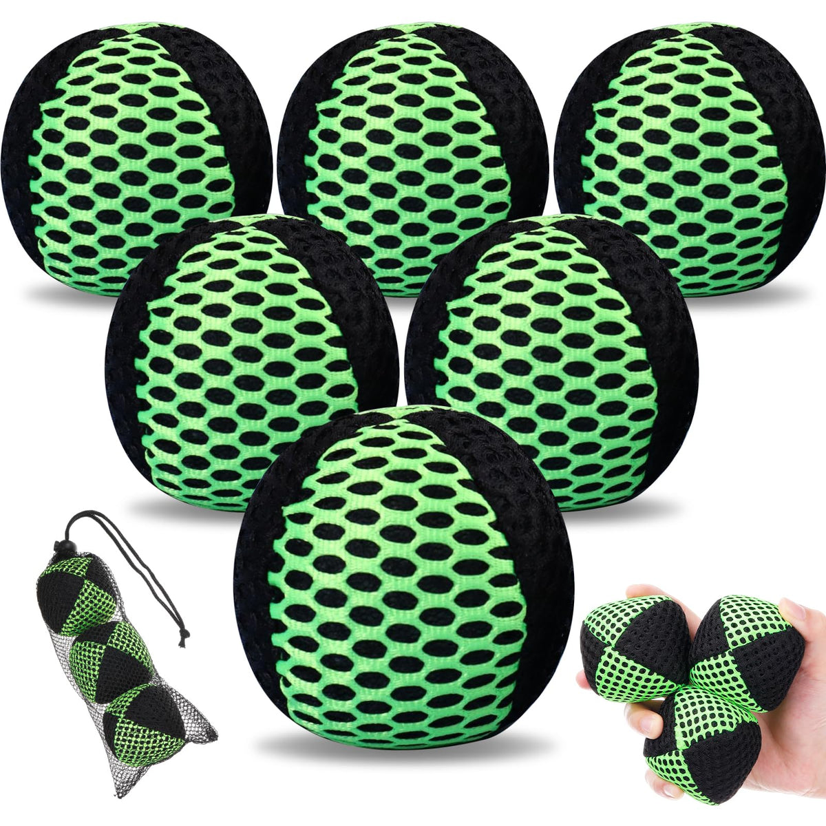 Soulchen 6-pack juggling balls in black and green for beginner-friendly practice.