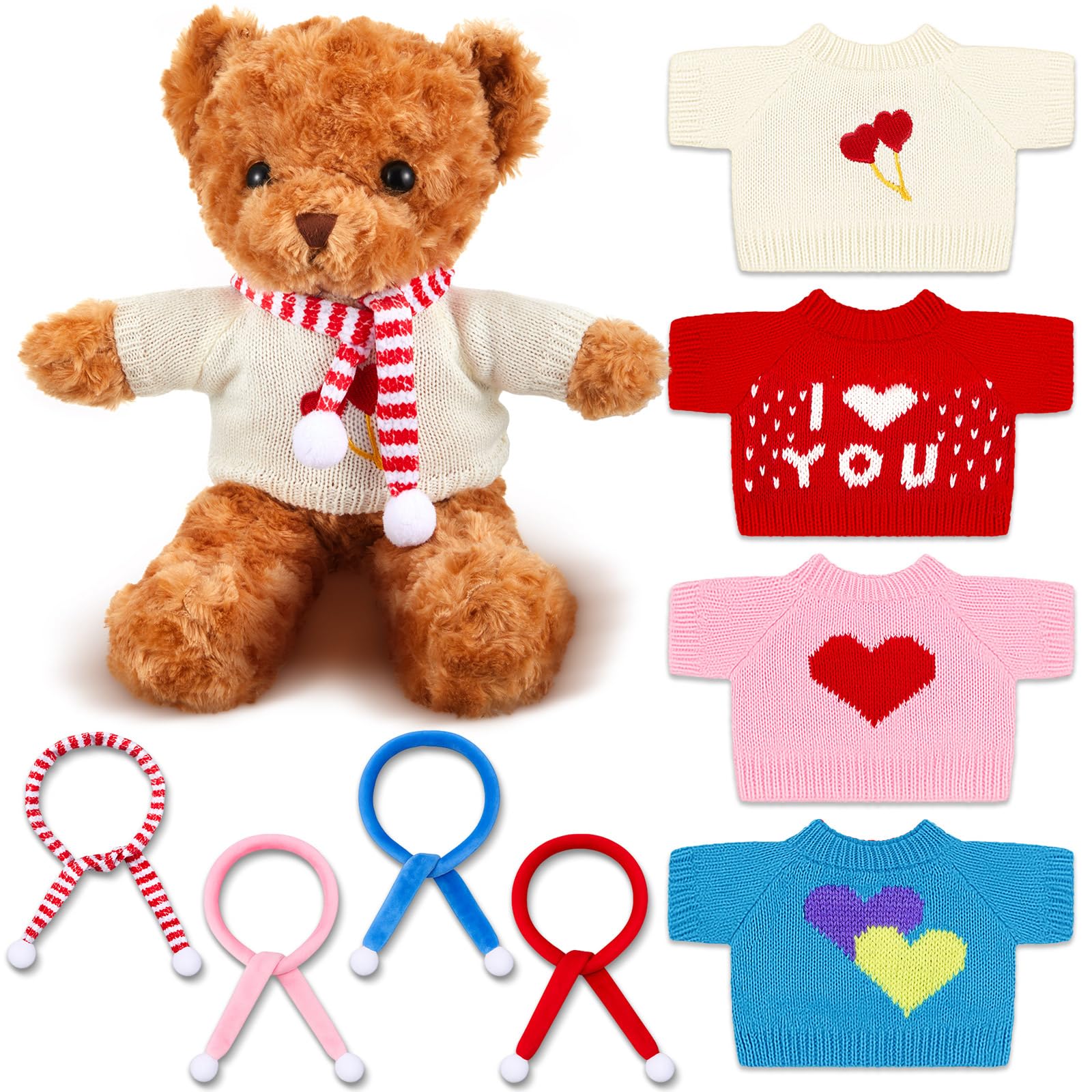 Soulchen red heart top and knit scarf for festive dress-up of 12-16 inch plush bears