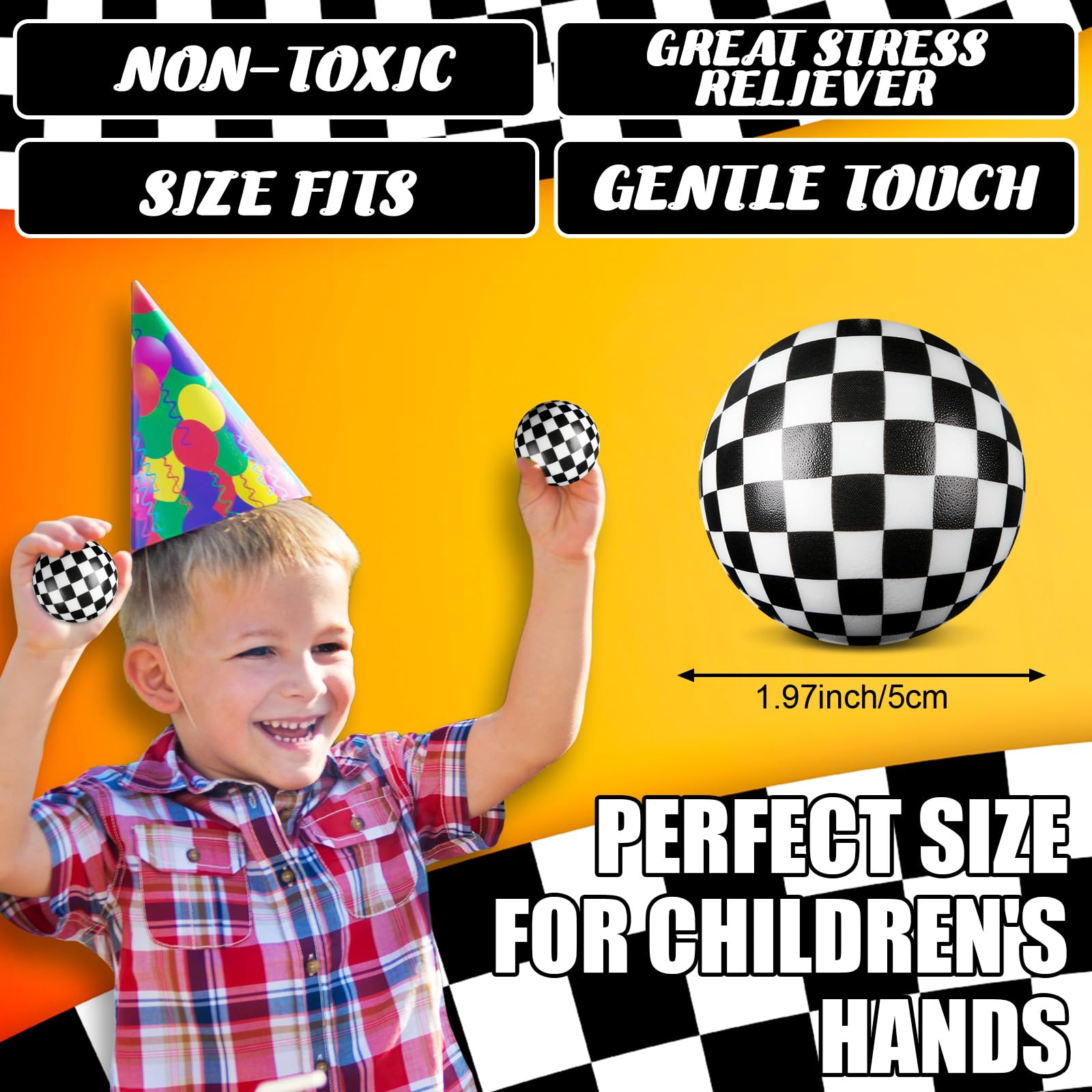 Soulchen black and white checkered stress ball offers soft, durable tactile relief.
