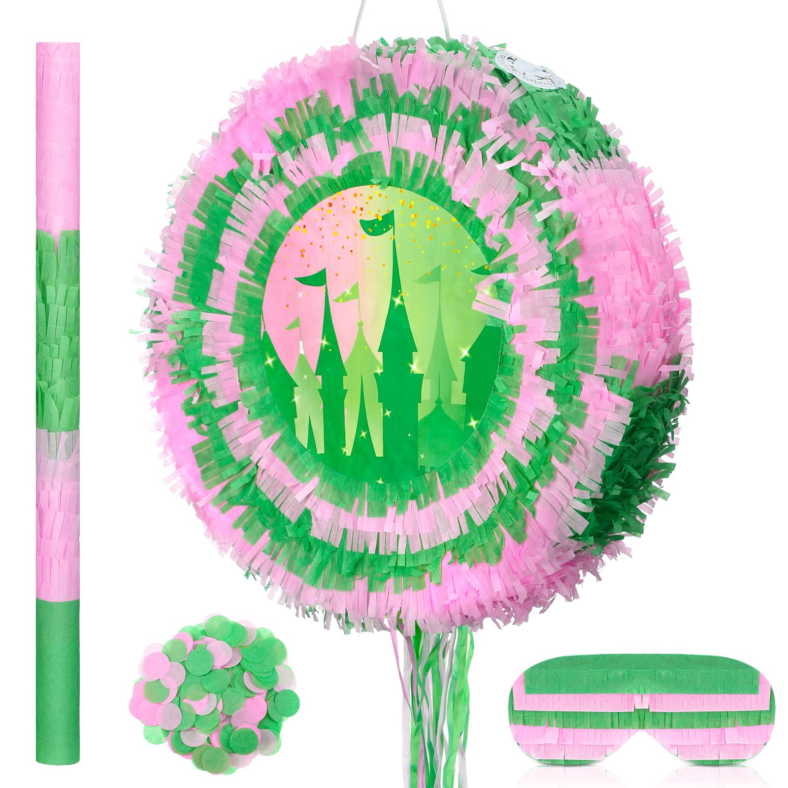 Soulchen pinata pink and green round with castle pattern for festive decor