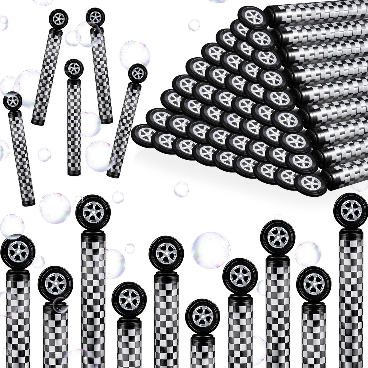 Soulchen race car bubble wand with checkered pattern as a party favor.