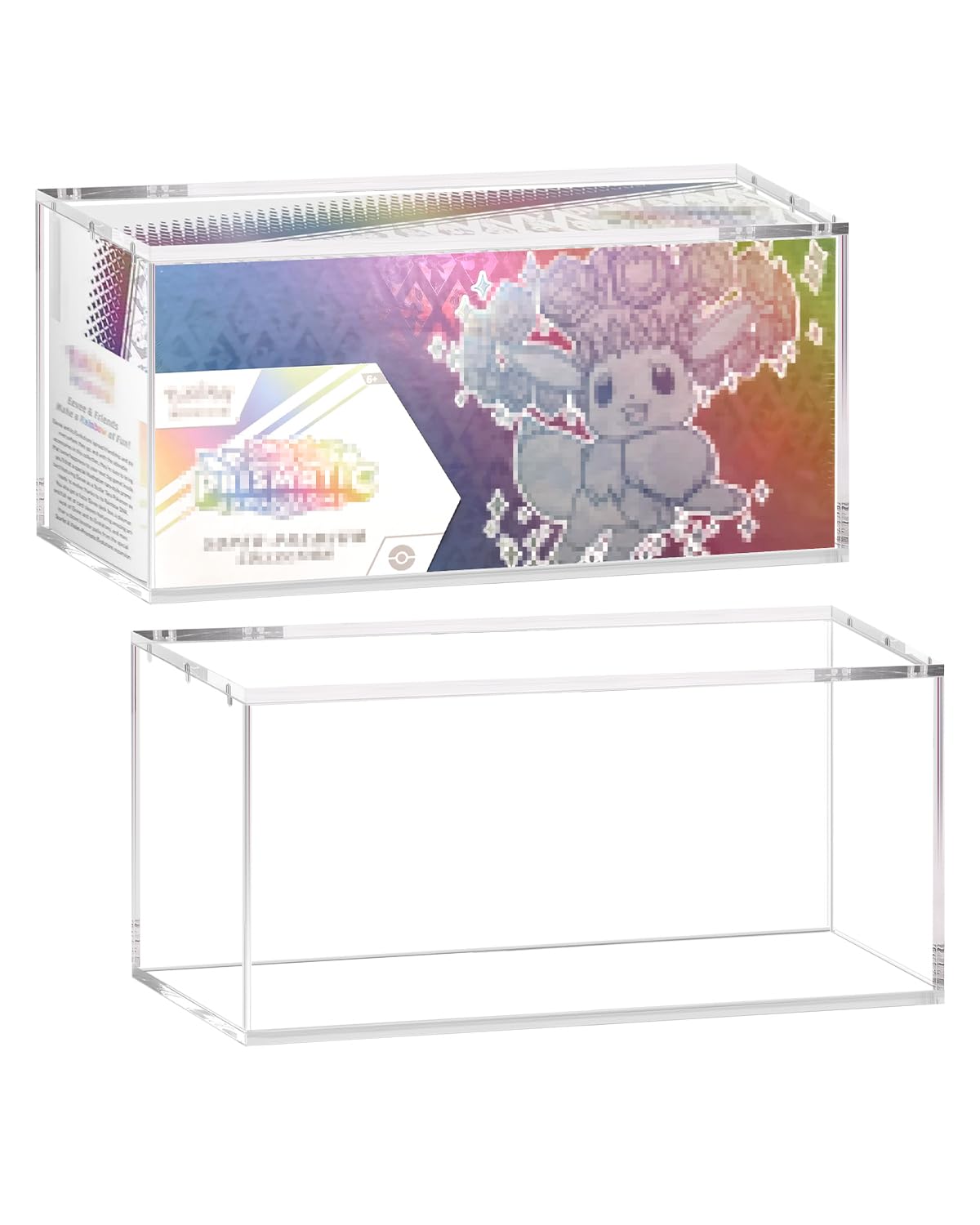 SOWANO clear acrylic display box front view highlighting secure fit for Prismatic Evolutions.