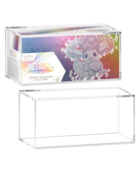 SOWANO clear acrylic display box front view highlighting secure fit for Prismatic Evolutions.