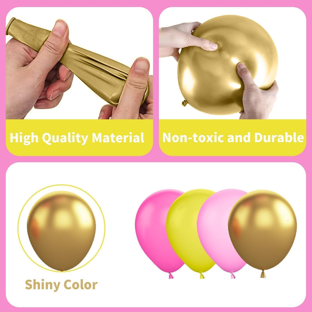 Sowide balloon garland ideas featuring yellow and pink tones.