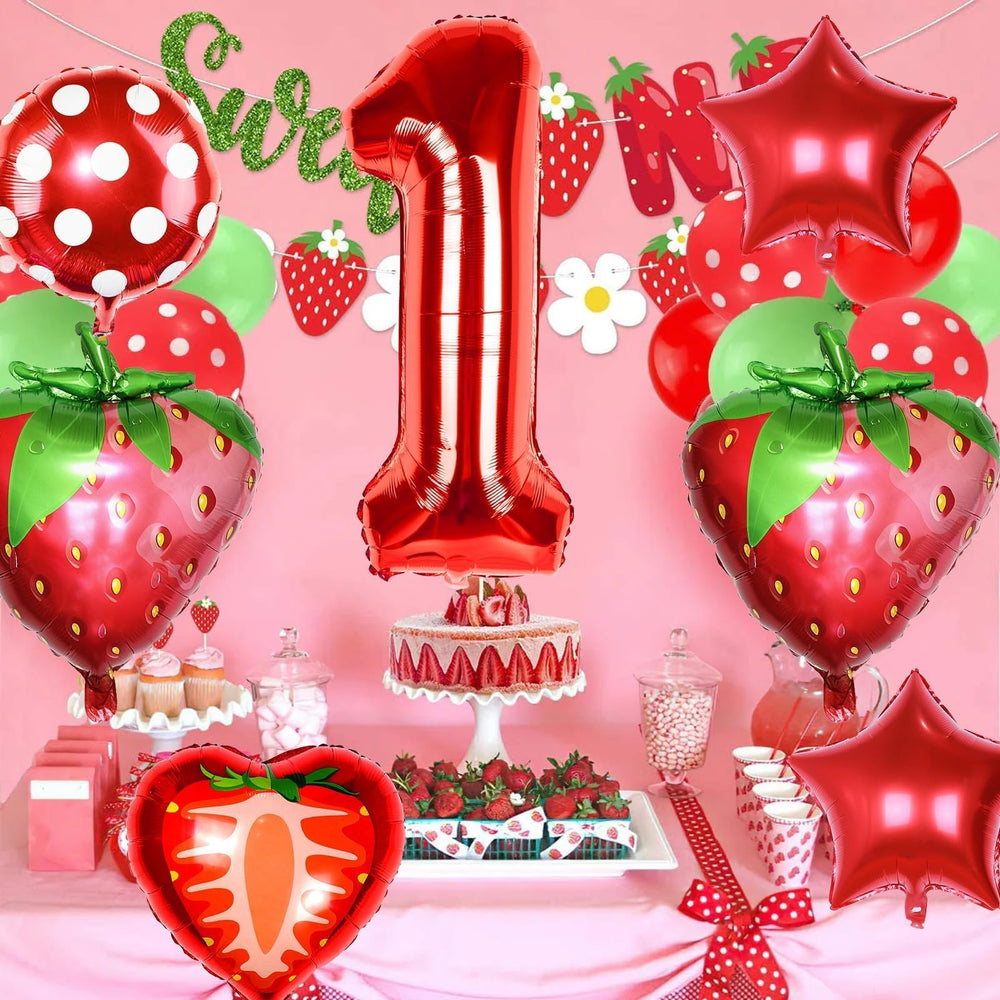 Sowide berry themed party decoration set helps create a cohesive strawberry celebration.