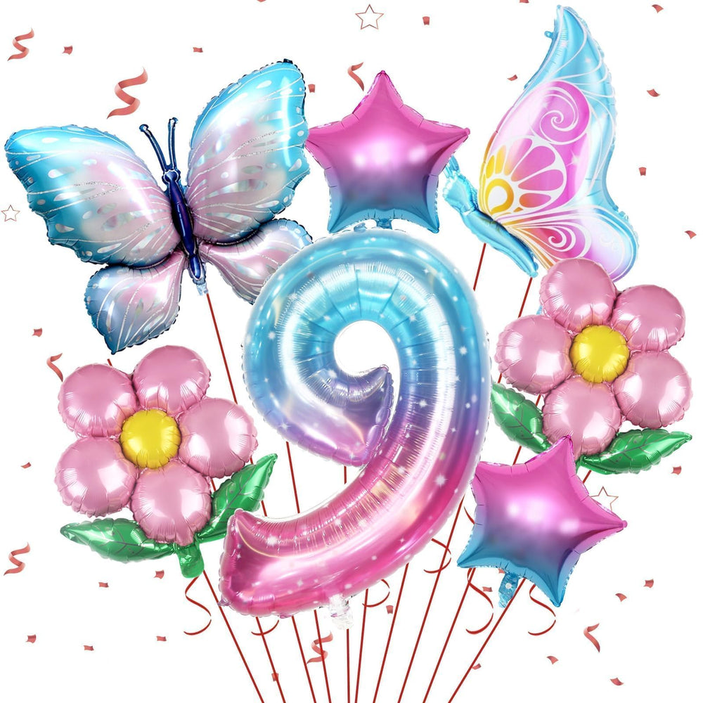 Sowide butterfly balloons with giant number 9 centerpiece for birthday photos.