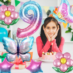 Sowide blue-pink star balloon adds glittering accents to decor.