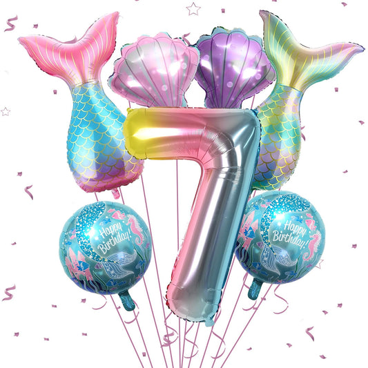 Sowide mermaid 7th birthday giant number 7 balloon creates a bold focal point for photos.