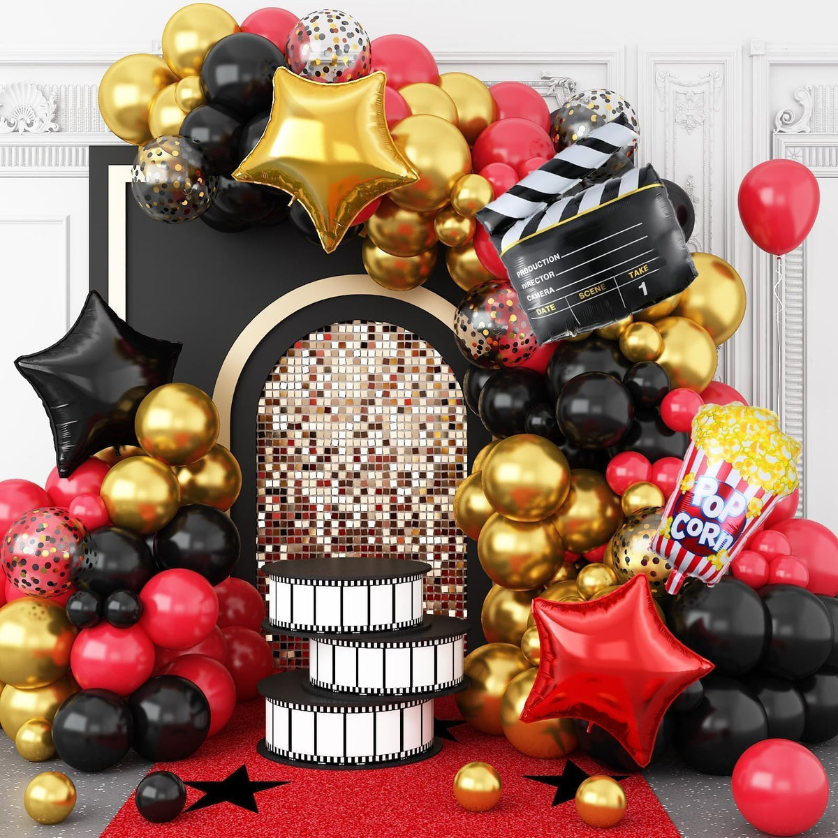 Sowide movie night balloon arch kit hero: bold red, black and gold setup for celebrations