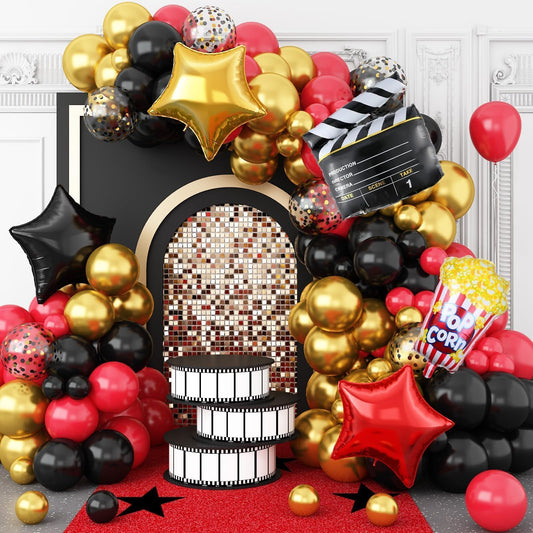 Sowide movie night balloon arch kit hero: bold red, black and gold setup for celebrations